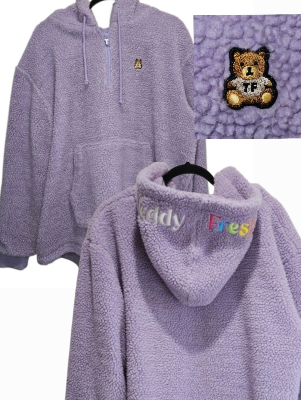 Teddy Fresh XL Cozy Light Purple Sherpa Hoodie Embroidered Fuzzy Comfy Sweater